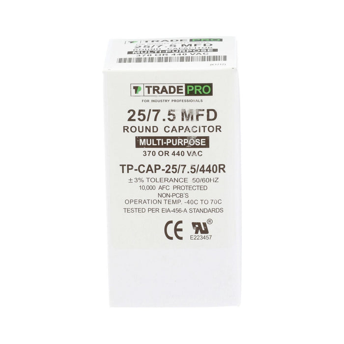 TRADEPRO® 25+7.5 MFD (Microfarads) 440/370V Round Run Capacitor